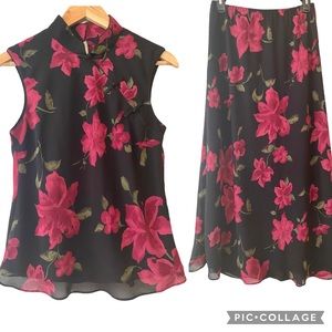 Vintage Asian-inspired Hibiscus & Lily Skirt Maxi Floral Bright Set Sleeveless